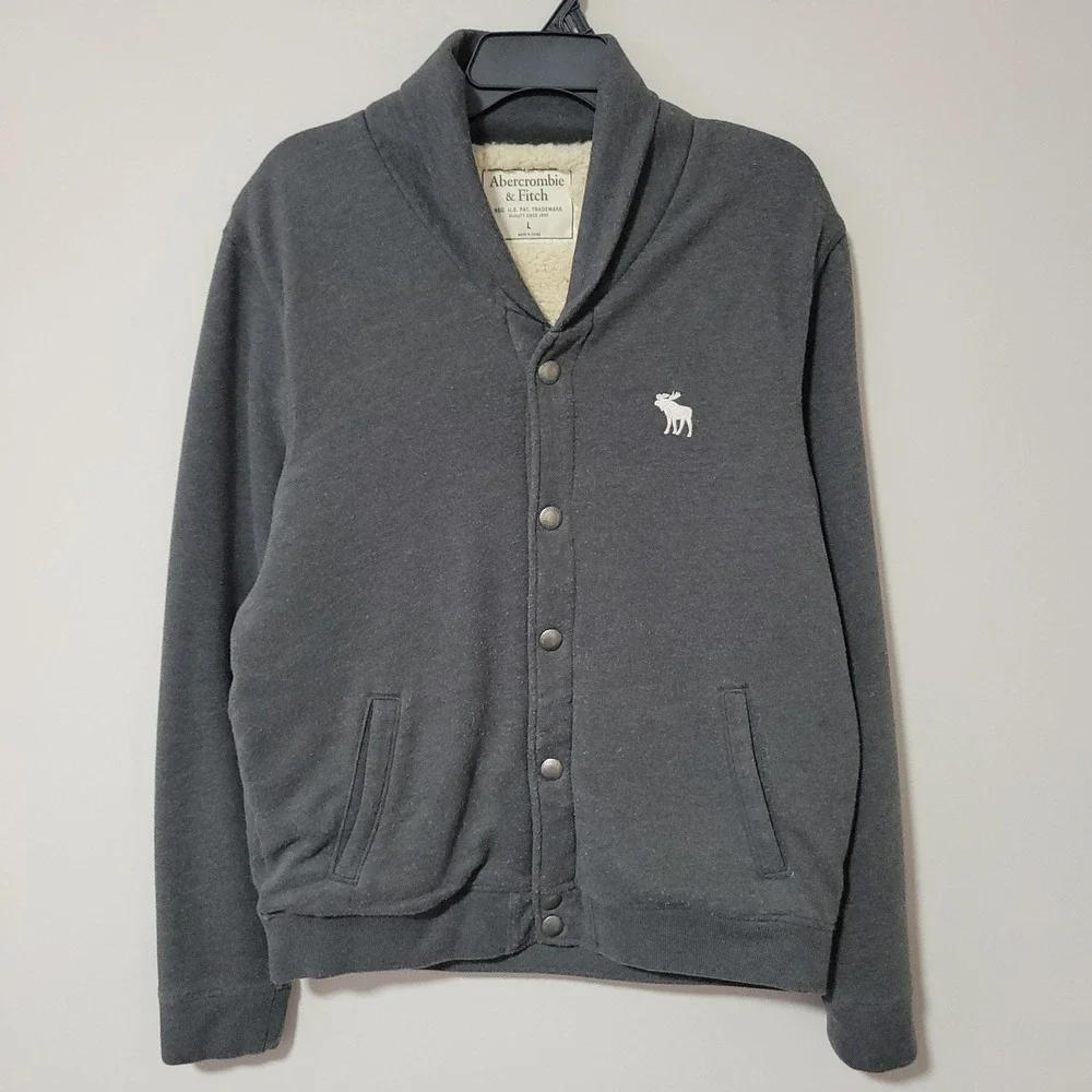 Abercrombie & Fitch Sherpa Lined Cardigan Jacket Mens L Gray Shawl Collar Moose
